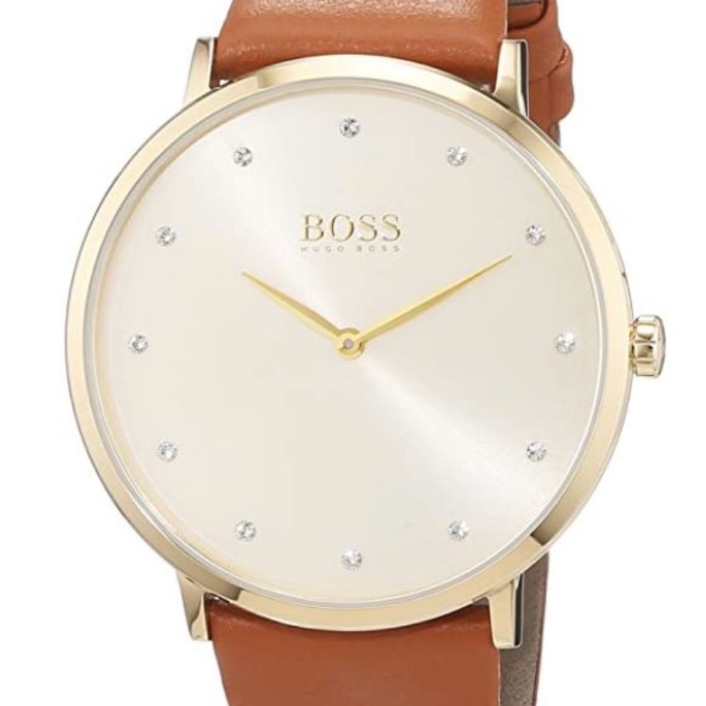 Boss Gold-Tone Case Watch with Cream Dial and Tan Leather Strap